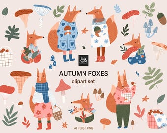 Autumn Fox Clipart – Fall Animals, Leaves, Mushrooms, Acorns, Woodland Forest PNG for Sublimation & Stickers