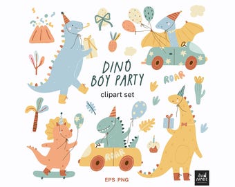 Dino Boy Party Clipart Set – Birthday Dinosaur Party Graphics, Kids Party PNG EPS