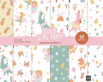 Dino Girl Party Seamless Patterns – Cute Ballerina Dinosaur Digital Paper – Pastel Kids Birthday Prints for Fabric, Nursery Decor