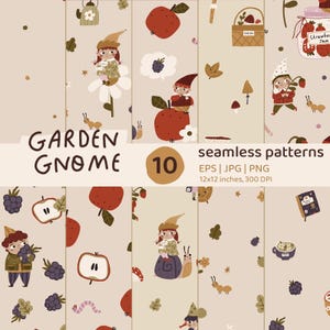 Modelli senza soluzione di continuità di gnomi da giardino autunnali, carta digitale di gnomi carini, bacche, funghi, mele, carta autunnale, JPG, PNG, uso commerciale