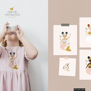 May include: Digital art set with boho mermaid illustrations. The set includes four prints with mermaid designs in various skin tones and hairstyles, with gold and pastel accents. A child wears a dress with a mermaid graphic.