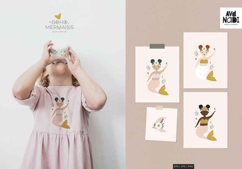 May include: Digital art set with boho mermaid illustrations. The set includes four prints with mermaid designs in various skin tones and hairstyles, with gold and pastel accents. A child wears a dress with a mermaid graphic.