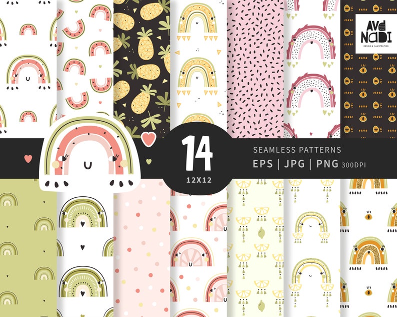 Summer Digital Paper, Rainbow Seamless Pattern, Fruit Digital Print ...