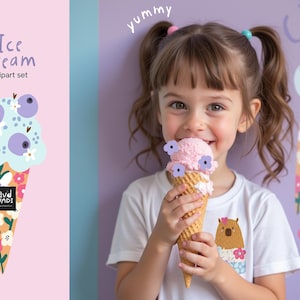 May include: A young girl smiles while eating a pink ice cream cone decorated with purple flowers. The image includes an ice cream clipart set with floral and berry designs, and the word "yummy".