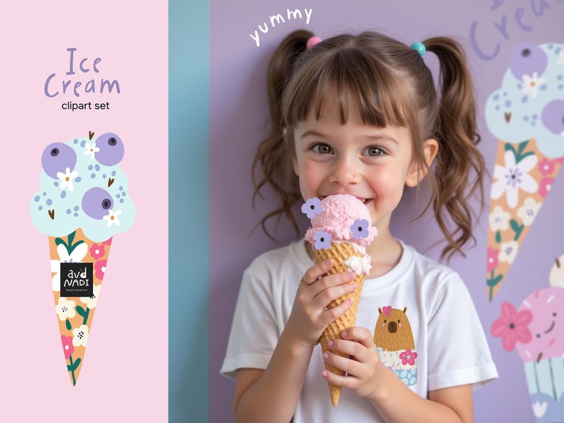 May include: A young girl smiles while eating a pink ice cream cone decorated with purple flowers. The image includes an ice cream clipart set with floral and berry designs, and the word "yummy".
