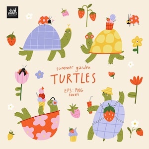 Puede incluir: Ilustración caprichosa de tortugas de dibujos animados en un jardín de verano. Una tortuga tiene una mariquita en la espalda, otra lleva un sombrero y lleva una bebida, y una tercera disfruta de un helado. También está presente el texto "summer garden TURTLES".