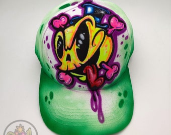 Incredible hand painted comic skull hat in neon colors