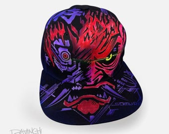 Cyberpunk-inspirerad handmålad keps i neongraffiti, streetwear-hatt, futuristisk anpassad hatt i spelstil, unik konsthatt