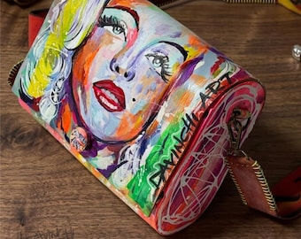 Handmålad konstväska Marilyn-inspirerad läderaxelväska Bärbar konstväska Unik statement-handväska Davinchi Art