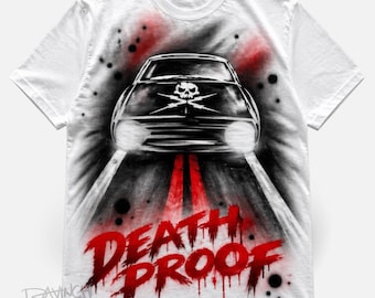Hand Painted Death Proof T-Shirt, Custom Horror Car Tee, Retro Movie Inspired Shirt, Unique Airbrush Streetwear Gift