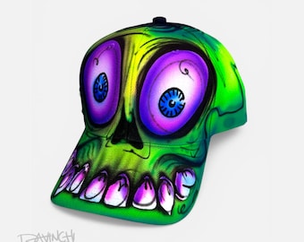 Neon Skull Hat, Hand Painted Airbrush Hat, Gothic Trucker Cap, Alternative Streetwear Gift