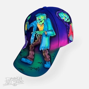 Vintage Horror Cartoon Cap  Retro Spooky Host Design, Hand Painted Baseball Hat  Unique Gift for Horror Lovers