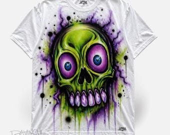 Hand Painted Neon Skull T-Shirt, Gothic Streetwear Tee, Custom Airbrush Shirt, Punk Graphic Top, Unique Gift for Him