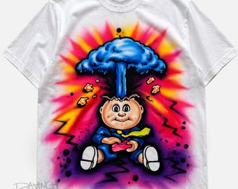 Hand Painted Custom T-Shirt, Retro Cartoon Tee, Unique Airbrush Shirt, One of a Kind Streetwear Gift, Colorful Graphic Tee
