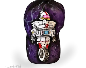 Cosmic Rider Duck handmålad hatt – Premium konstkeps, högkvalitativt hantverk, unik bärbar konst, perfekt present