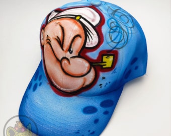 Custom Popeye hat hand painted in the technique of airbrushing
