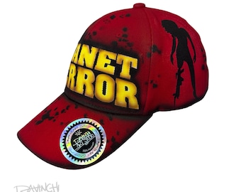 Handmålad skräckfilmskeps, zombietjej Grindhouse Snapback, retro kultfilmskläder, röd stänkskyddad specialkeps