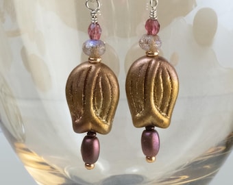 Gold Gilded Glass Tulip Earrings, Solid Sterling Earwires