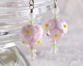 Flower Lampwork Earrings, White Posies on Pink Clouds