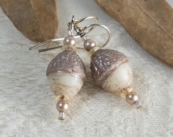 Ivory Glass and Rosy Gold-gilded Acorn Earrings, Sterling Earwires