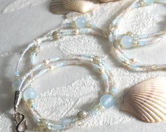Two-Strand Necklace: Sky Blue Agate, Seafoam and Alabaster Glass, "Namaka" (Hawaiian Sea Goddess)