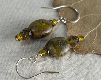 Oval Stone-like Earrings, Czech Glass with Earthy Accents, Solid Sterling Earwires