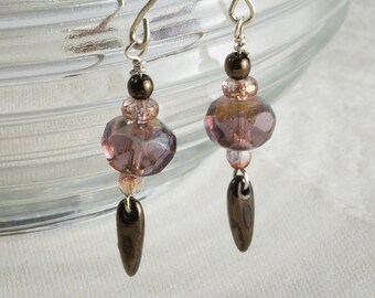Blackberry-Chocolate Cordial Earrings, Mixed Glass and Sterling Silver