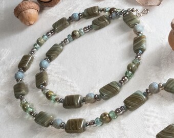 River Ravine Necklace: Mixed Czech Glass Beads in Greens and Blues, Silver Clasp