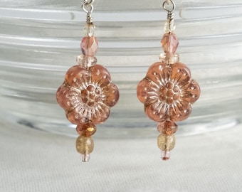 Rosy Anemone Flower Earrings with Platinum Wash, Sterling Silver Hooks