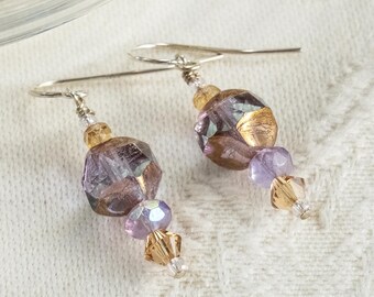 Gilded Glass Nugget Earrings in Gold, Blue, and Lavender, Sterling Fish Hooks