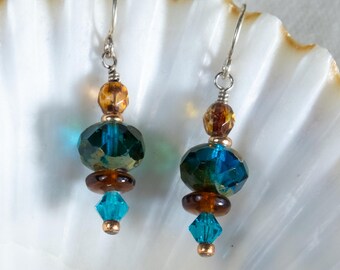 Capri Blue and Dark Topaz Glass Earrings, Sterling Silver Fish Hooks