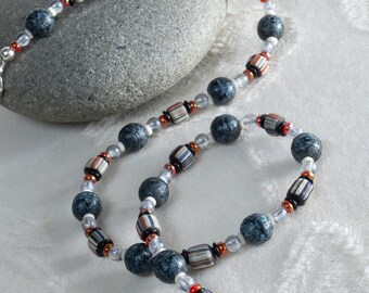 Lava Java Necklace, Black Lava-textured Glass and Authentic Trade Beads