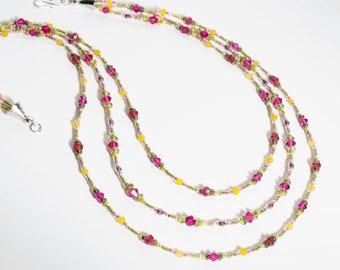 Beauty Berry Three-Strand Necklace and Earrings Set, Czech Glass, Lemon Jade, and Magenta Swarovski Crystals