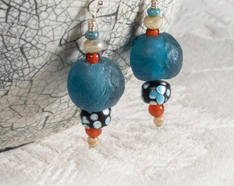 African Trade Earrings, Recycled Glass, Vintage Kenyan Trade Beads and Red Agate