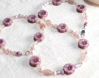 Primrose Posies Necklace, Czech Glass Flowers and Swarovski Pearls