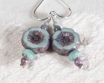 Serafina Earrings, Glass Flowers in Lavender and Seafoam