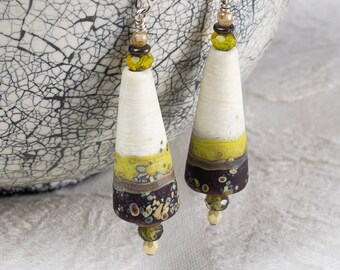 Handmade Raku Cone Earrings in Cream, Gold-green, and Deep Brown, "November Fields"