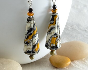 Fluted Raku Cone Earrings, Black, White, and Gold Marbled Pattern, Solid Sterling Hooks