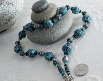 See No Evil Necklace, Vintage Carved Polynesian Tribal Beads with Zebra Jasper