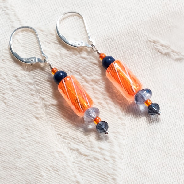 Orange Furnace Beads with Blue Jade and Czech Glass Bead Earrings (Go Mets!)