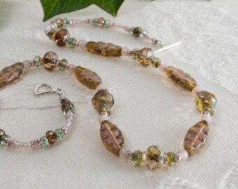 Poetry Necklace, Lilac-Peach Marquises with Soft Green and Rosy Gold