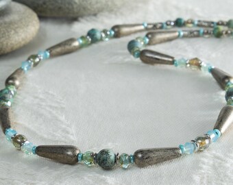 Artifact Necklace: Antique Silver, African Turquoise, and Blue-green Glass with Swarovski Crystals