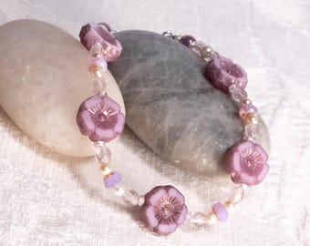 Primrose Posies Bracelet, Czech Glass Flowers and Swarovski Pearls