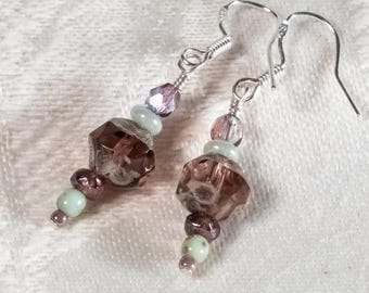 Lavender Nugget Earrings with Sage Accents, Czech Glass and Sterling Silver