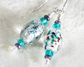 Vintage German Foil Lampwork Earrings with Jewel Tones "Confetti"