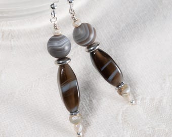 Vintage Glass and Botswana Agate "Coffee Cocktail" Earrings
