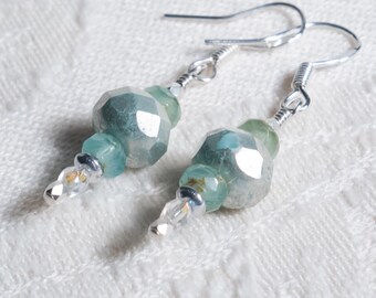 Silvery Seafoam Earrings, Faceted Rondelles in Seafoam with Silver and Crystal