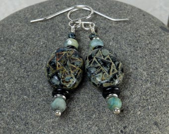 Geometric Carved Oval Earrings, Solid Sterling Fish Hooks