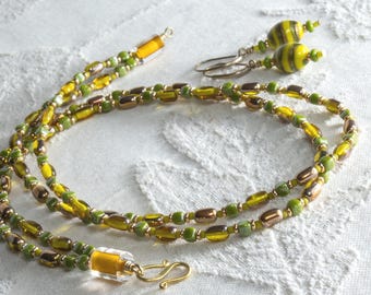 Multistrand Necklace and Earring Set: Green and Gold Vintage Glass Beads