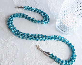 Caribbean Cubes Multistrand Necklace in Teal, Turquoise, and Silver